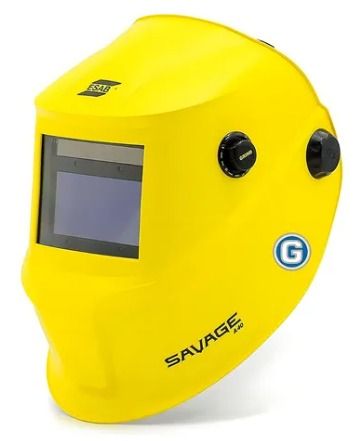 Casco de soldadura de color amarillo con lente rectangular y perillas de ajuste.