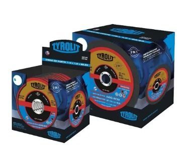 Dos cajas de discos de corte abrasivos Tyrolit: azul, negro, dorado y rojo.