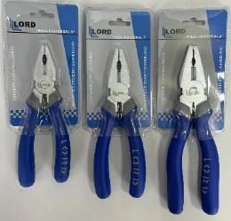 Tres alicates LORD con mango azul en su embalaje, expuestos uno al lado del otro.