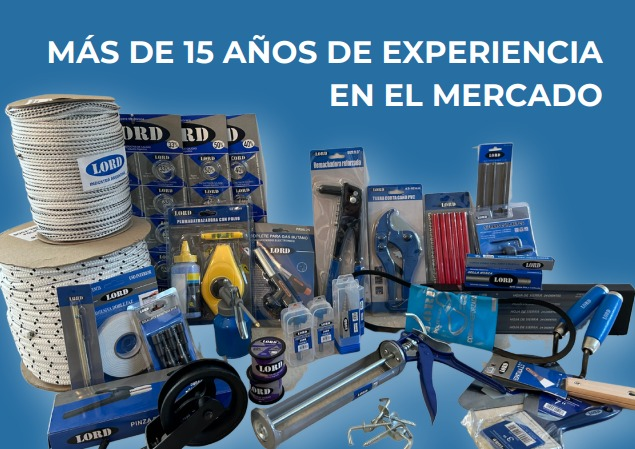 Assortment of tools and hardware products against a blue background, with text 