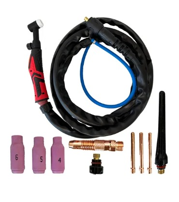 Antorcha de soldadura TIG con accesorios, que incluyen copas de cerámica, boquillas y un cuerpo de pinza.