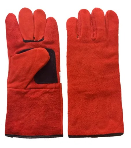 Guantes de soldar de cuero rojo.