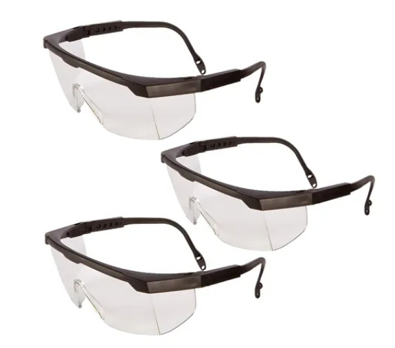 Tres pares de gafas de seguridad transparentes con marco negro.