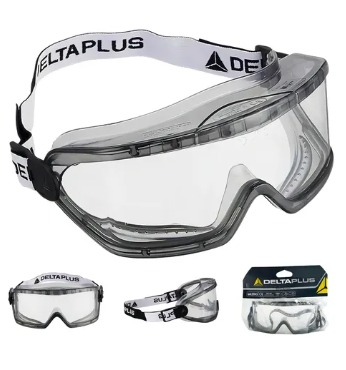 Gafas de seguridad transparentes con borde negro y una correa blanca etiquetada 