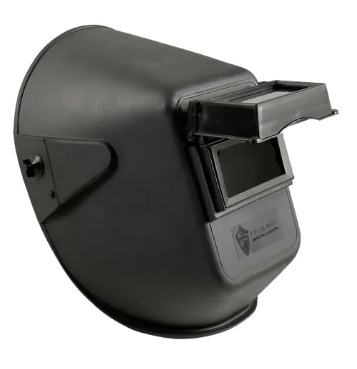 Casco de soldadura negro con lente abatible.