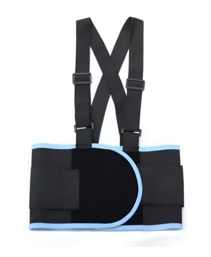 Faja de soporte para la espalda de color negro y azul con correas de hombros y hebillas ajustables.