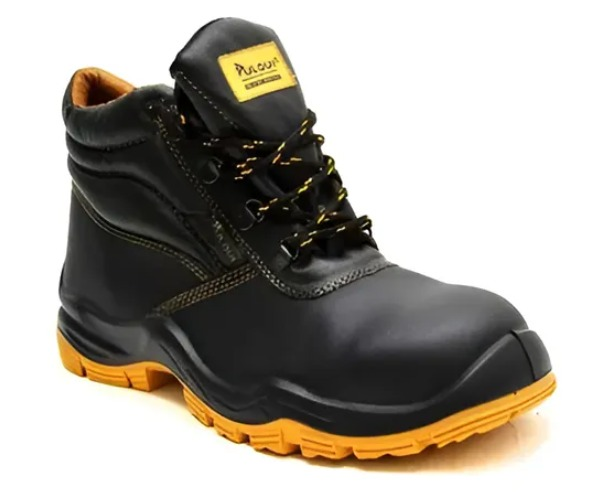Bota de trabajo de color negro y amarillo con cremallera en el lateral y cordones amarillos.