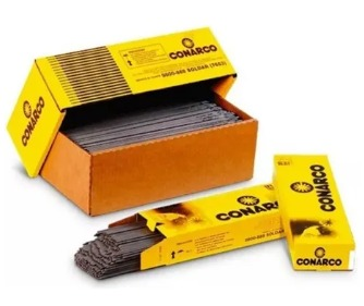 Cajas de electrodos de soldadura Conarco, amarillo y naranja, abiertas y cerradas.