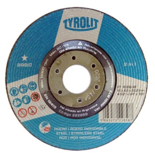 Disco de desbaste Tyrolit azul y plateado para acero y acero inoxidable.