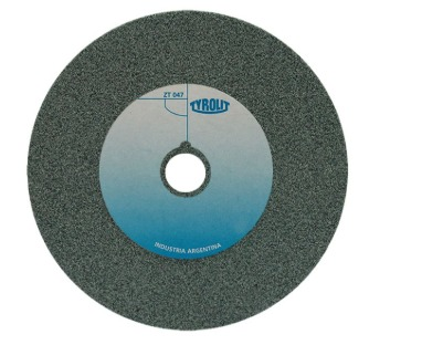 Muela de amolar con superficie gris texturada y disco central de color celeste y blanco, fabricada en Argentina.