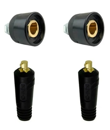 Dos receptáculos para cables de soldadura de color negro y dos conectores de cable a juego.