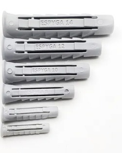 Anclajes de pared de plástico gris de diferentes tamaños, etiquetados 
