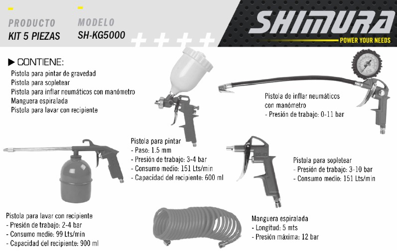 Kit de 6 herramientas Shimura: pistolas de pintura, soplado, inflado, y manguera enrollada.
