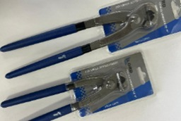 Dos pares de alicates para herrador con mango azul en embalaje.