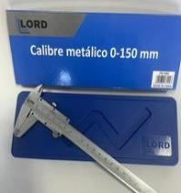 Calibre metálico con estuche, caja azul, texto en blanco. Calibre gris, con lectura de hasta 150 mm.