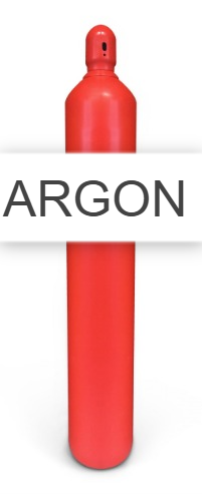 Cilindro de gas argón rojo con la palabra 