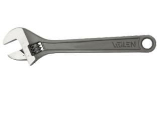 Llave inglesa ajustable, de color gris, con boca abierta y mango con la marca 