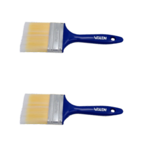 Dos pinceles con mango azul y cerdas de color amarillo claro, en ángulo y superpuestas.