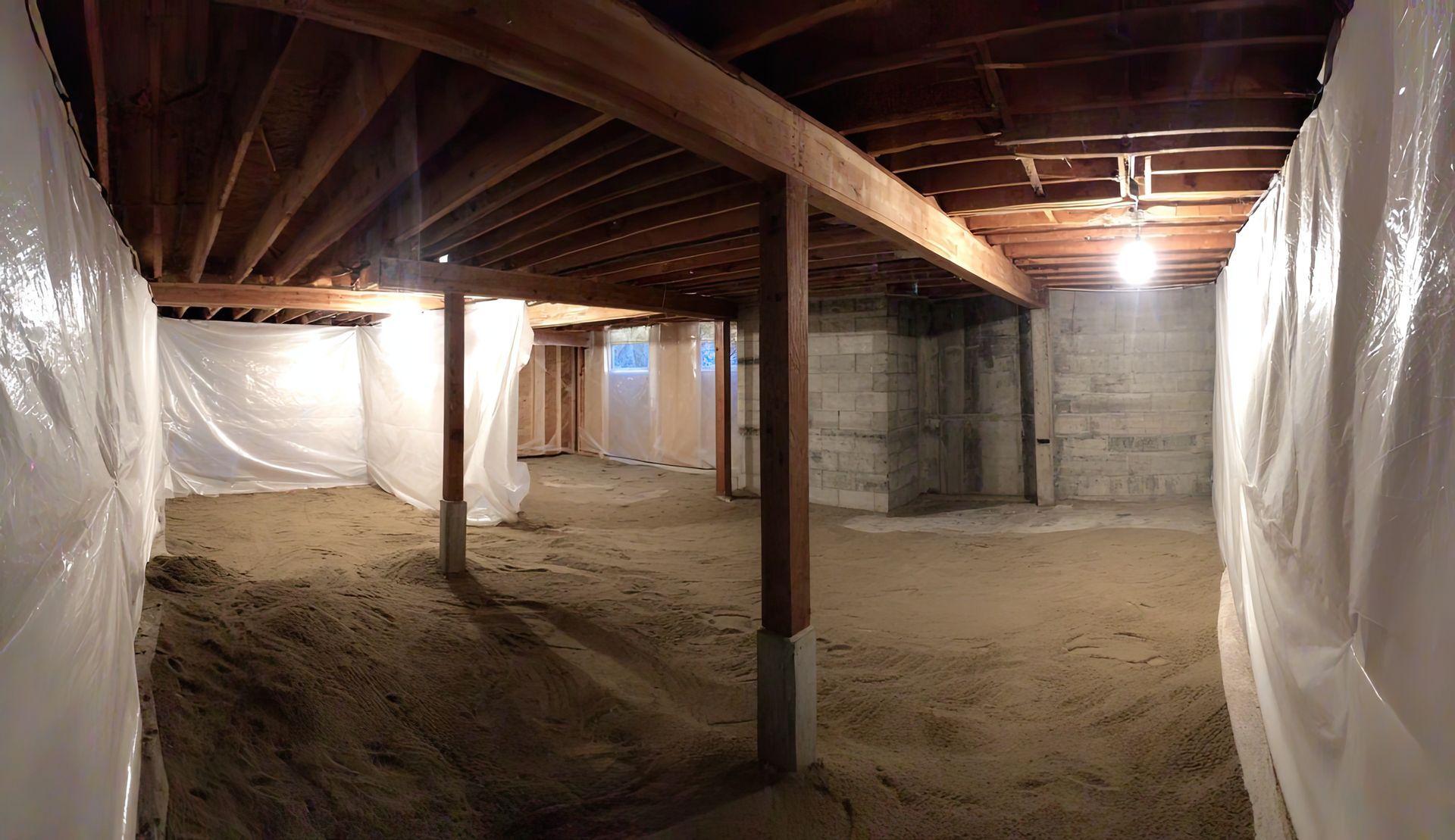 Sous-sol en construction avec poutres en bois, membranes plastiques blanches et cloisons partiellement construites.