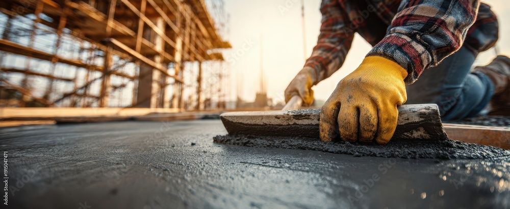 Un ouvrier lisse du béton frais à la truelle sur un chantier.