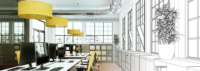 Un dessin en noir et blanc d'un bureau moderne avec beaucoup de fenêtres.