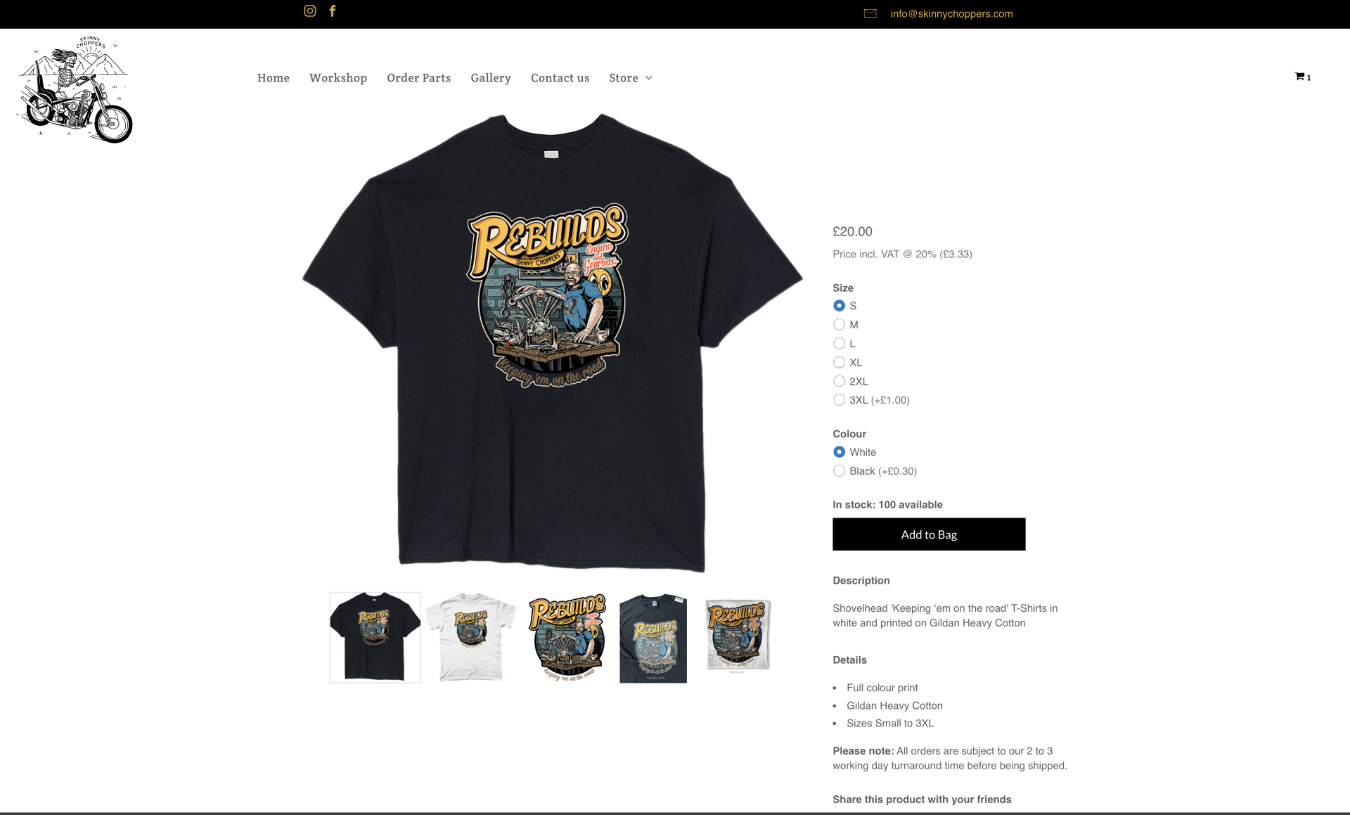 A black t-shirt is displayed on a website.