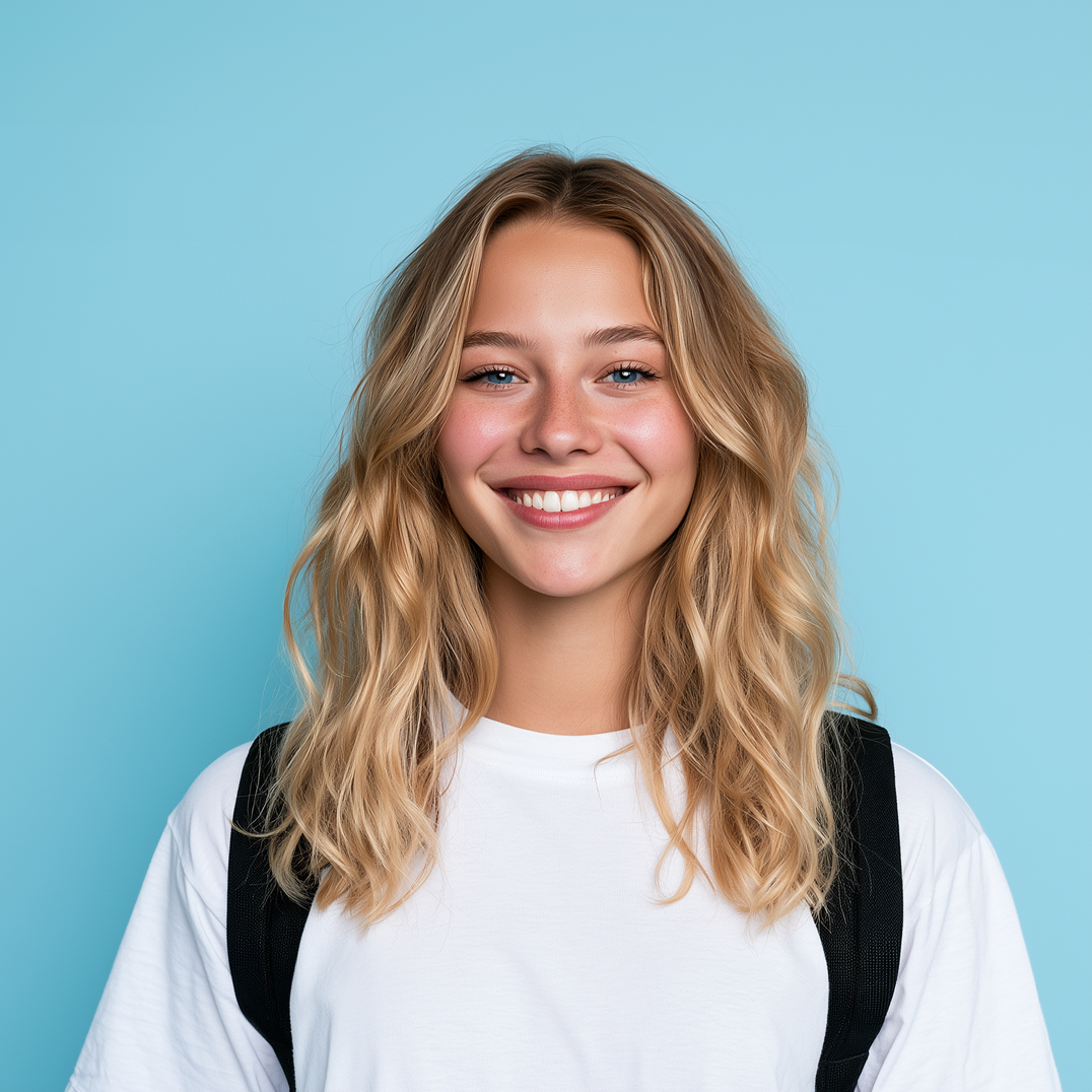 Smiling person with blonde hair and backpack against a light blue background