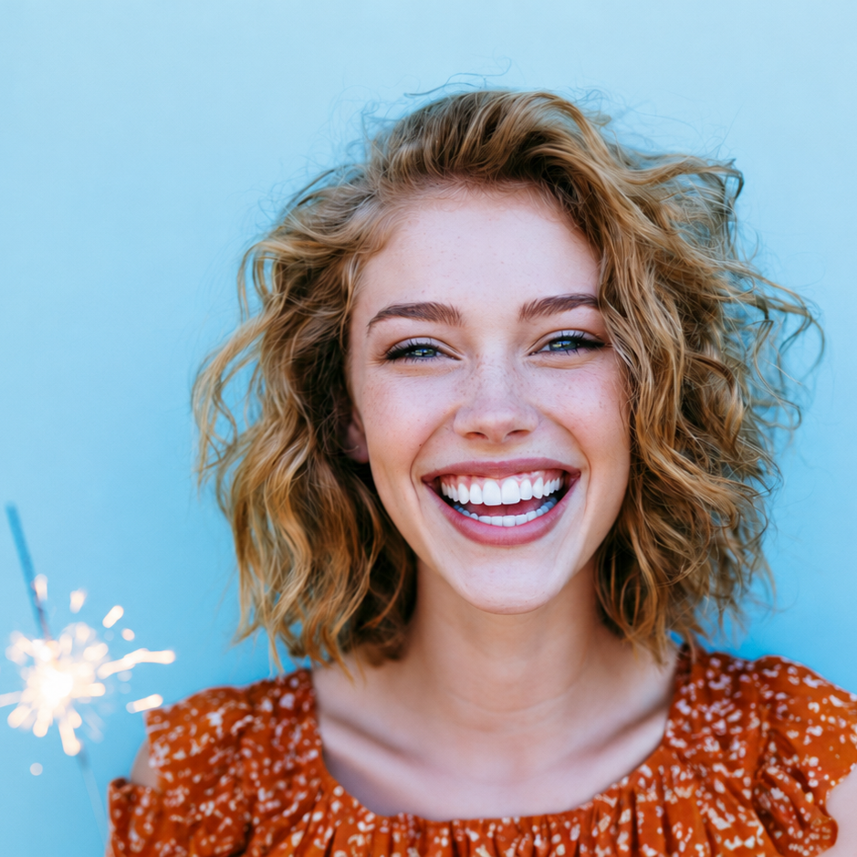 Smiling woman with curly hair in an orange dress holding a sparkler against a blue background