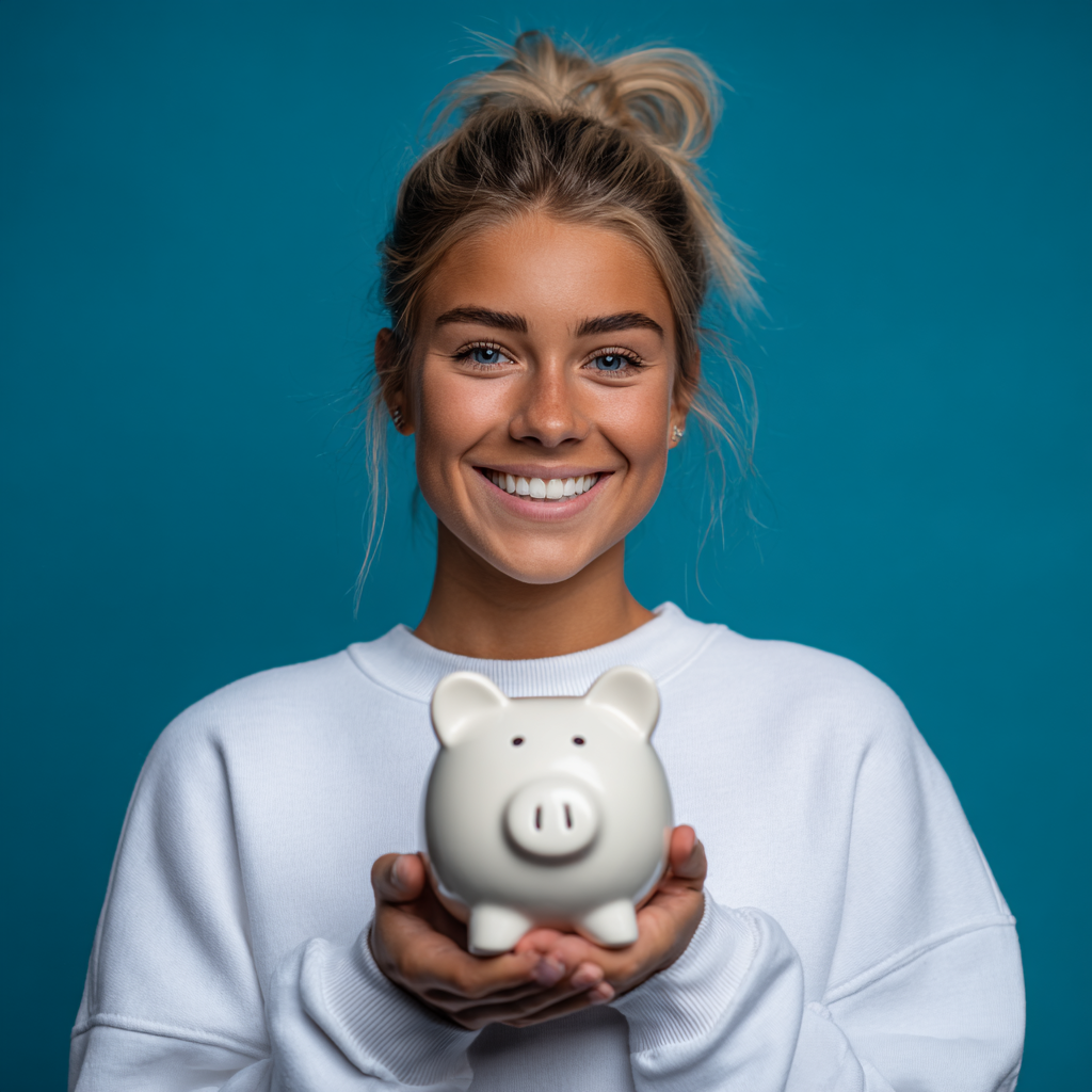 Woman smiling, holding a white piggy bank on a blue background.