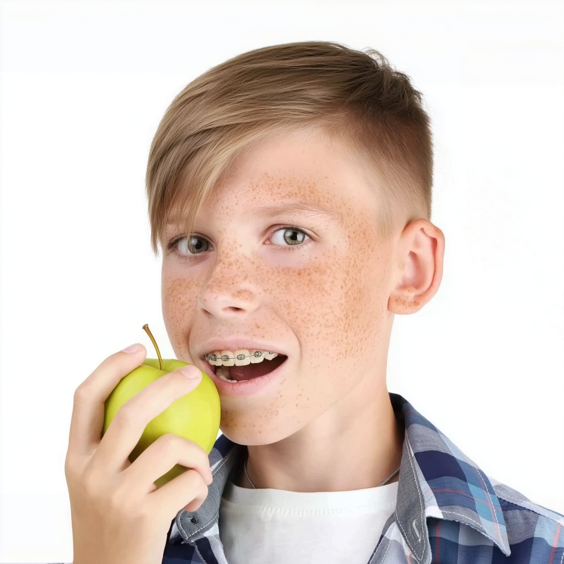 Boy holding a green apple near his mouth, smiling with braces against a white background