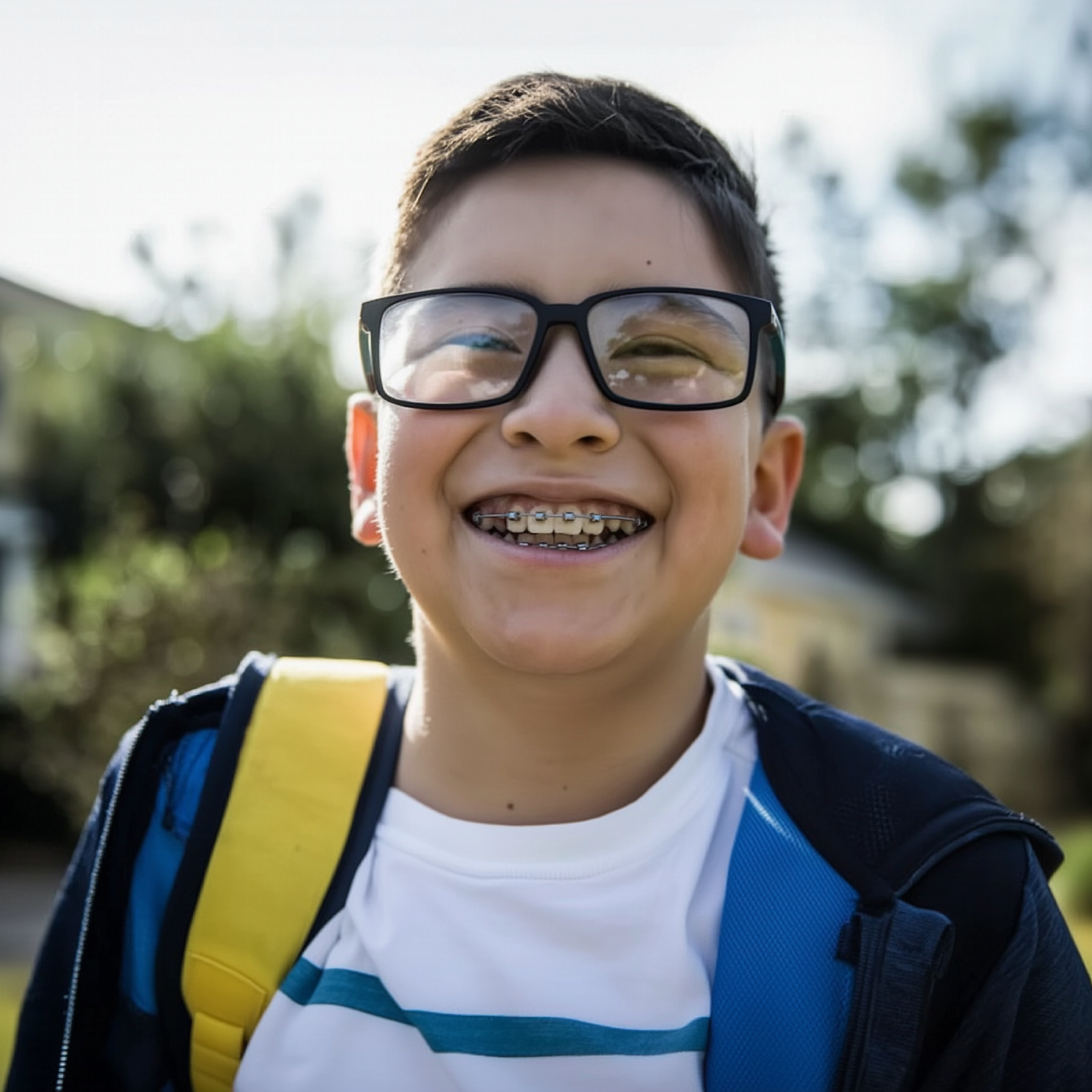 A person wearing glasses and braces smiles at the camera, wearing a white shirt and carrying a yellow and blue backpack.