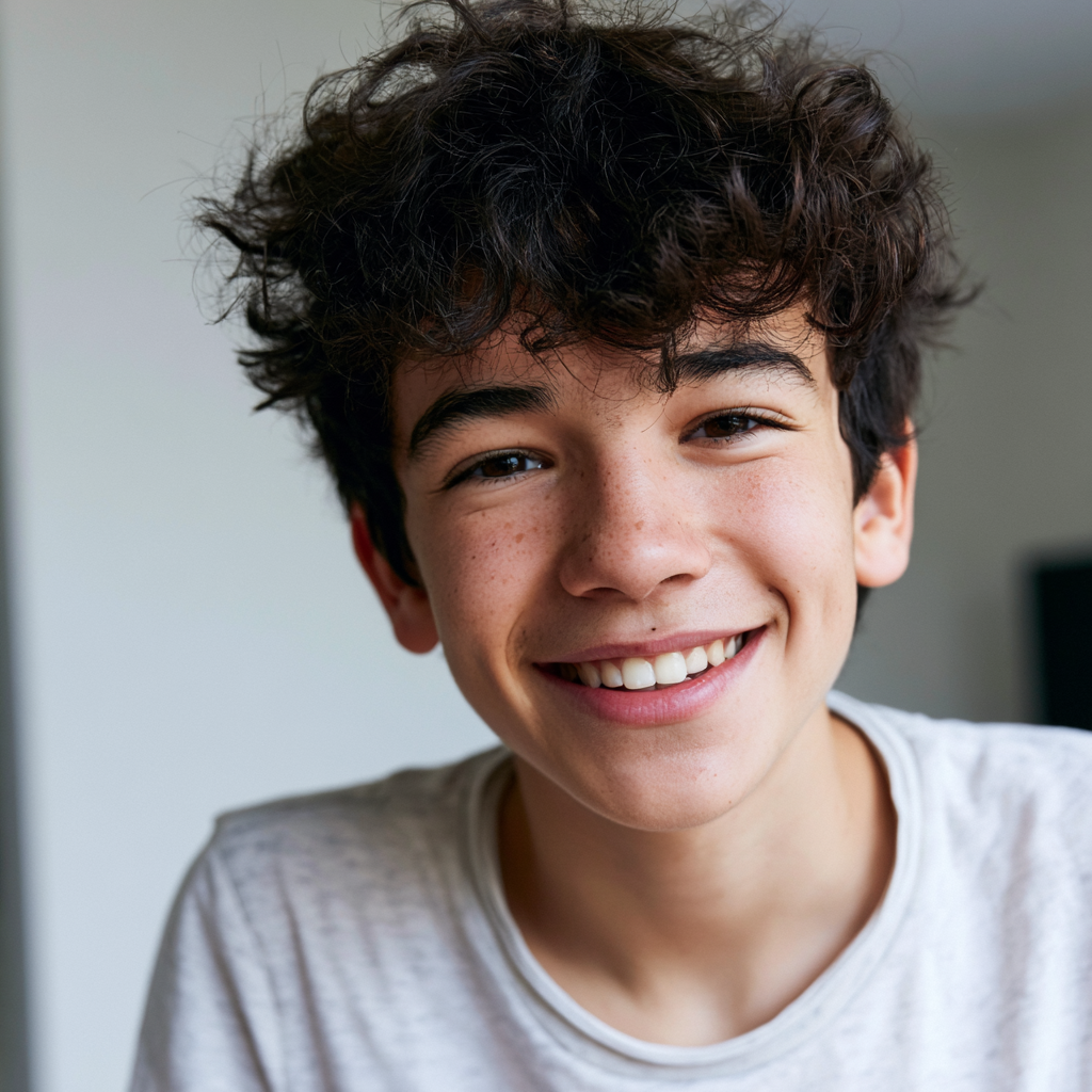 Smiling person with curly dark hair in a light gray shirt against a plain indoor background