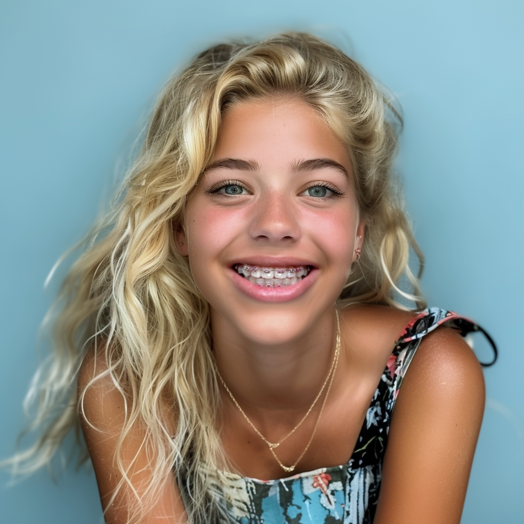 A young girl with braces on her teeth is smiling for the camera.