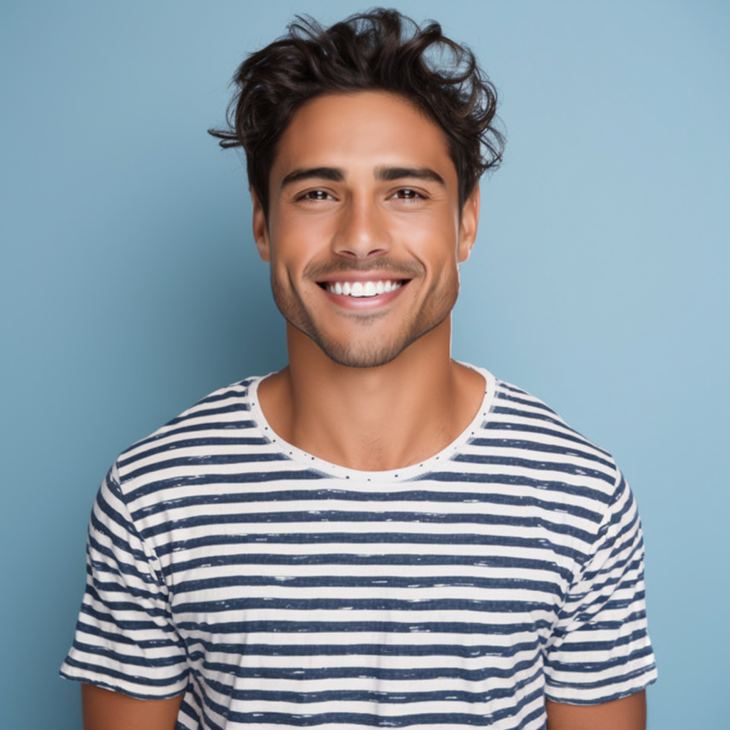 The man is wearing a striped shirt and smiling for the camera.