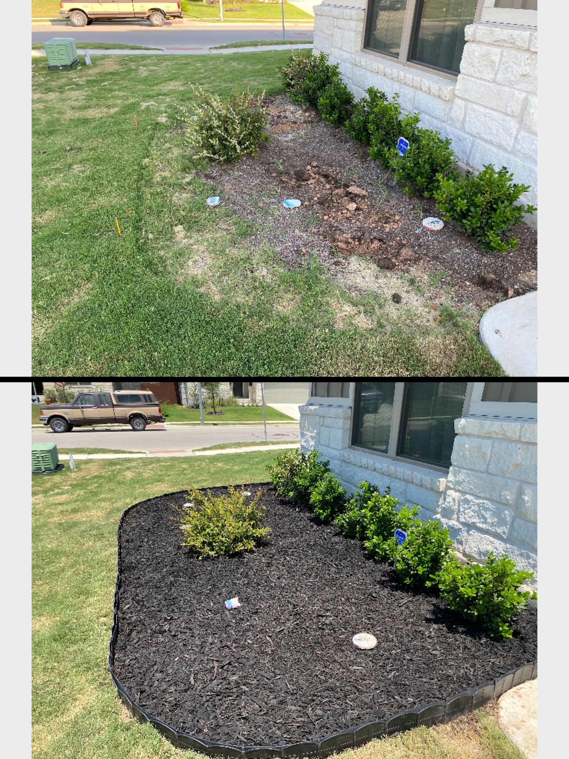 a before and after picture of a lawn with mulch and bushes .