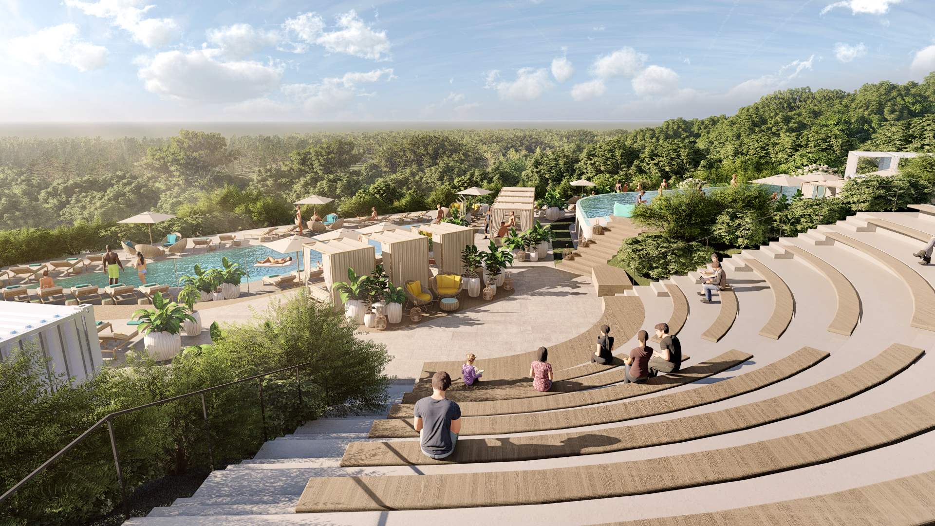 An outdoor amphitheater with people, a pool, and lush vegetation under a sunny sky.