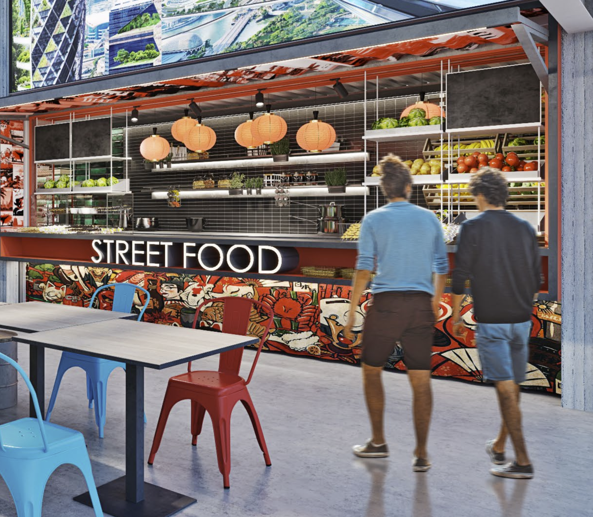 Two people walk past a street food stall, featuring a graffiti-decorated facade, red and blue seating.
