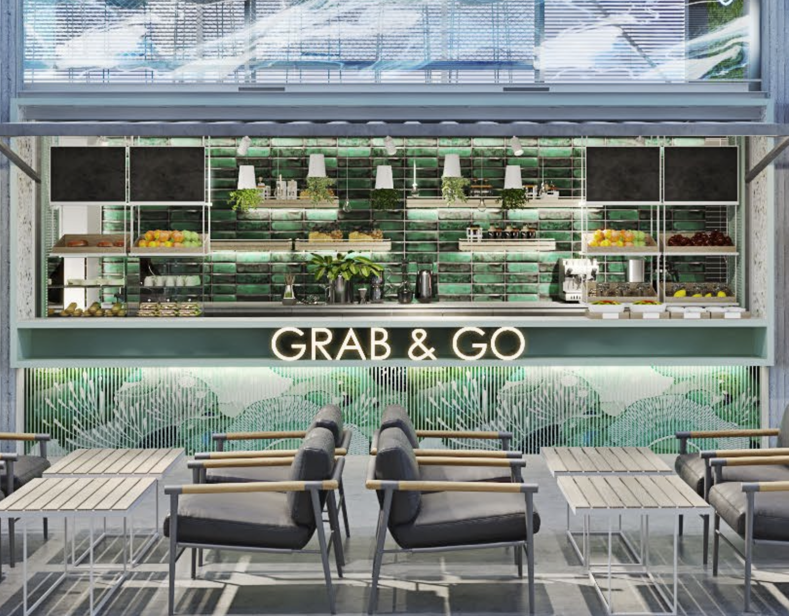 Grab & Go cafe with chairs and tables, teal accents, food displayed, neon sign.