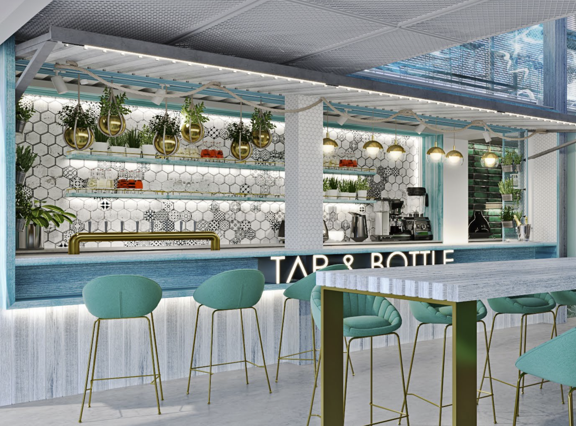 Bar interior with teal accents, gold details, hexagon tile, and hanging plants. 
