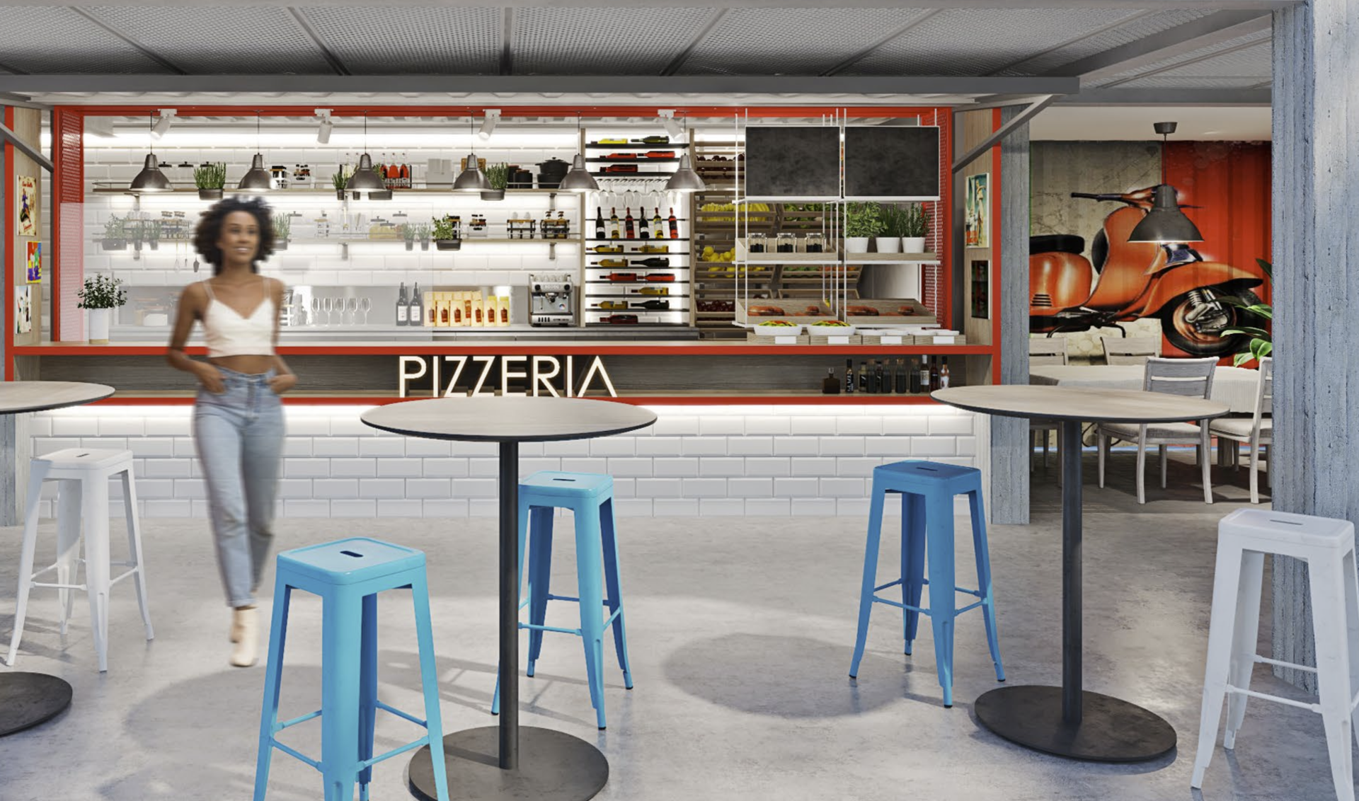 Woman standing near tables and blue stools in a pizzeria with red accents, brick wall, and a scooter mural.