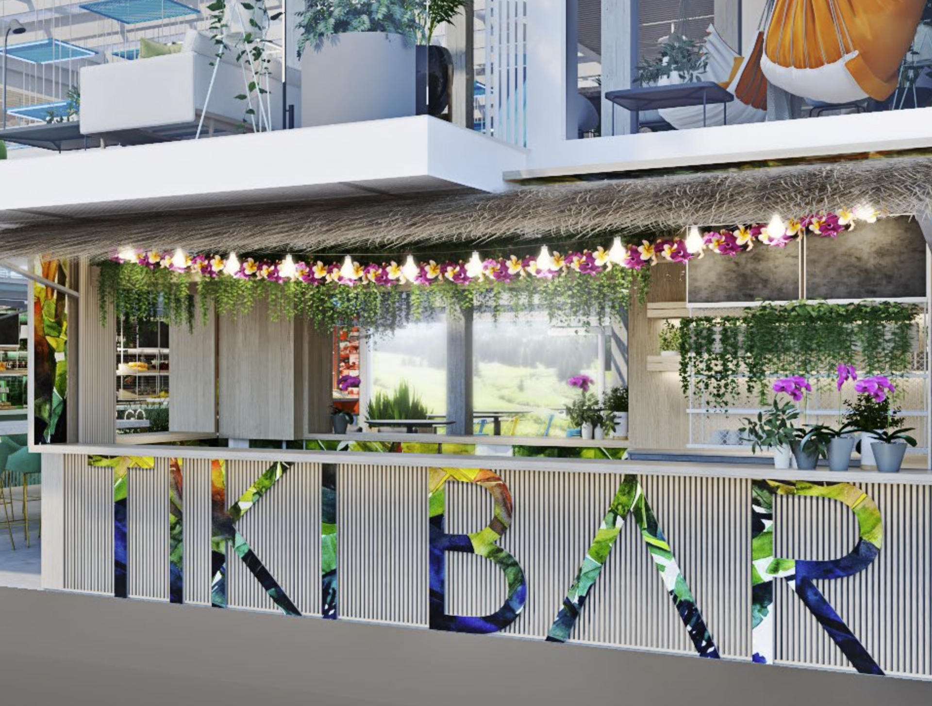 Tiki Bar with tropical foliage decorates the front. Large letters spell 