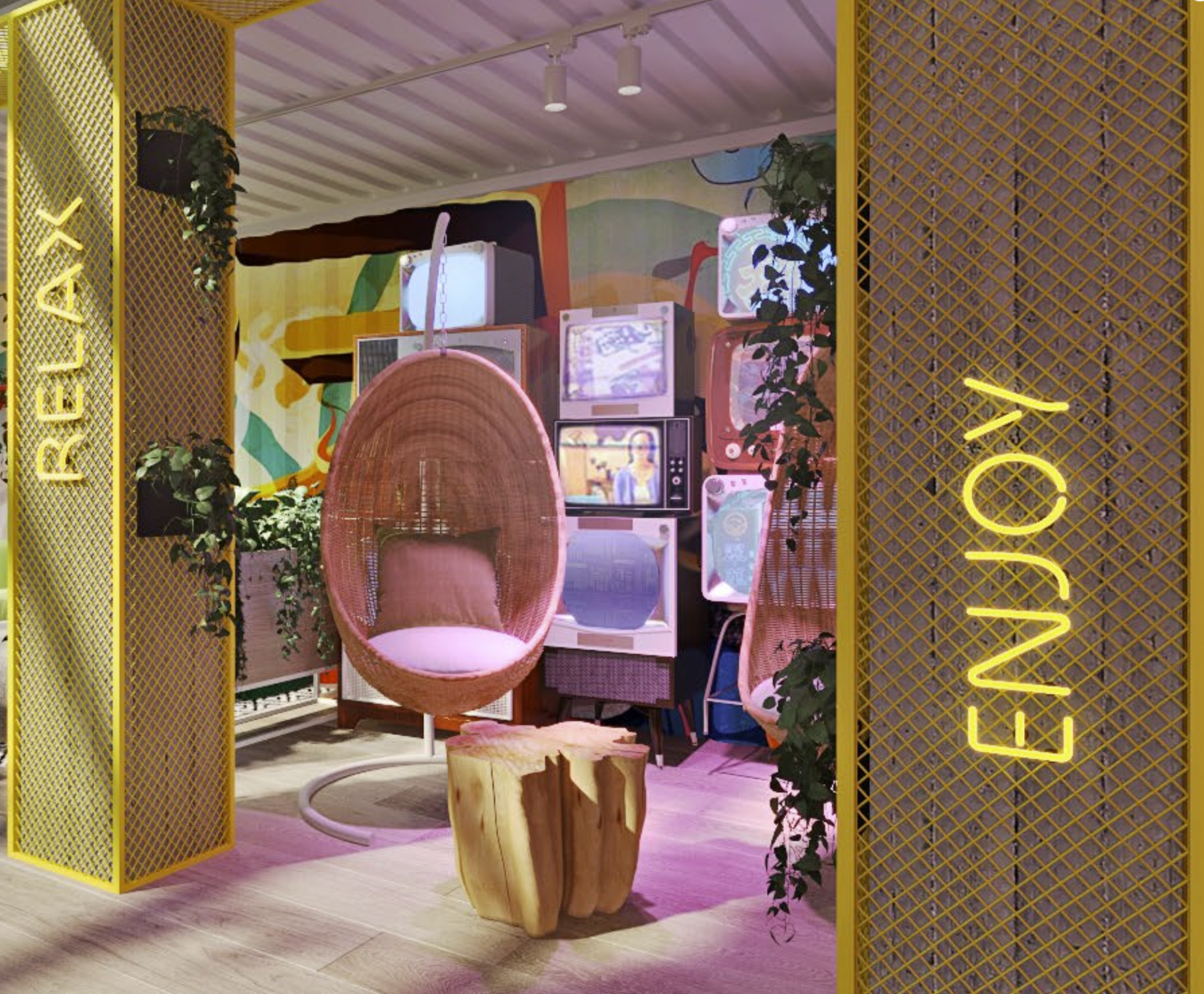 A neon-lit lounge with a hanging chair, vintage TVs, and the words 