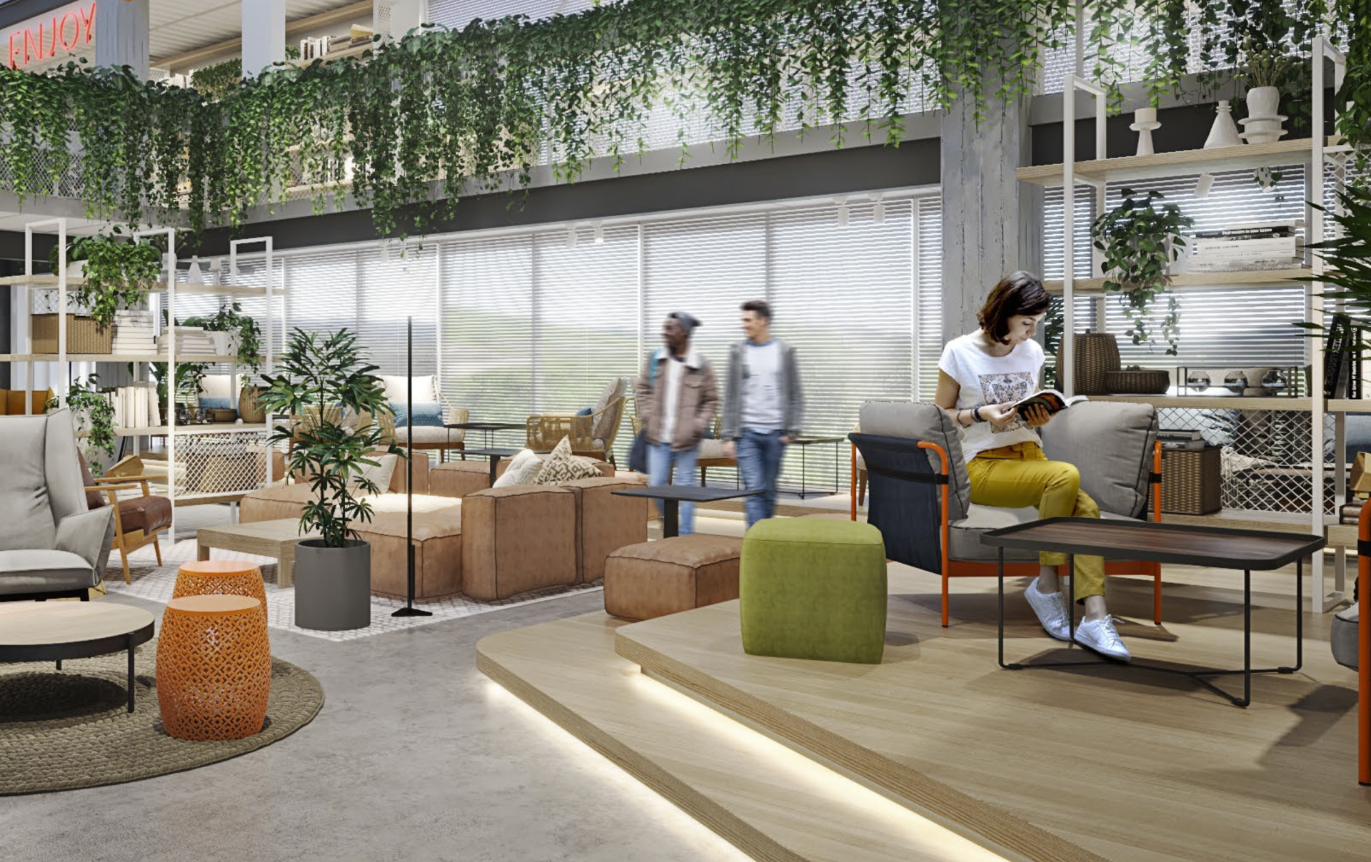 An indoor lounge with people, plants, and various seating options. Natural light from windows.