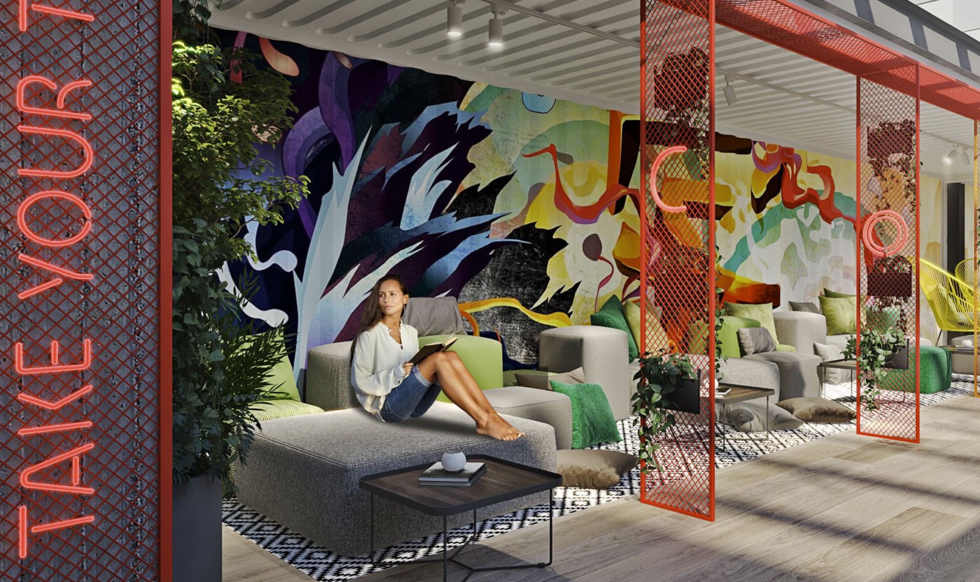 Woman sitting on a sofa in a colorful lounge area, with a mural and greenery. Red accents and text.