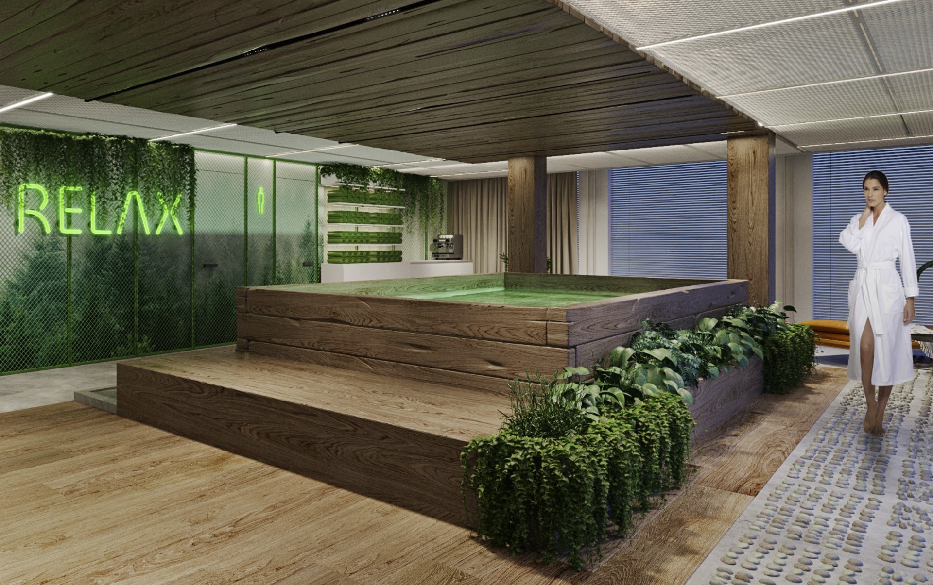 Spa interior with a hot tub, greenery, neon 