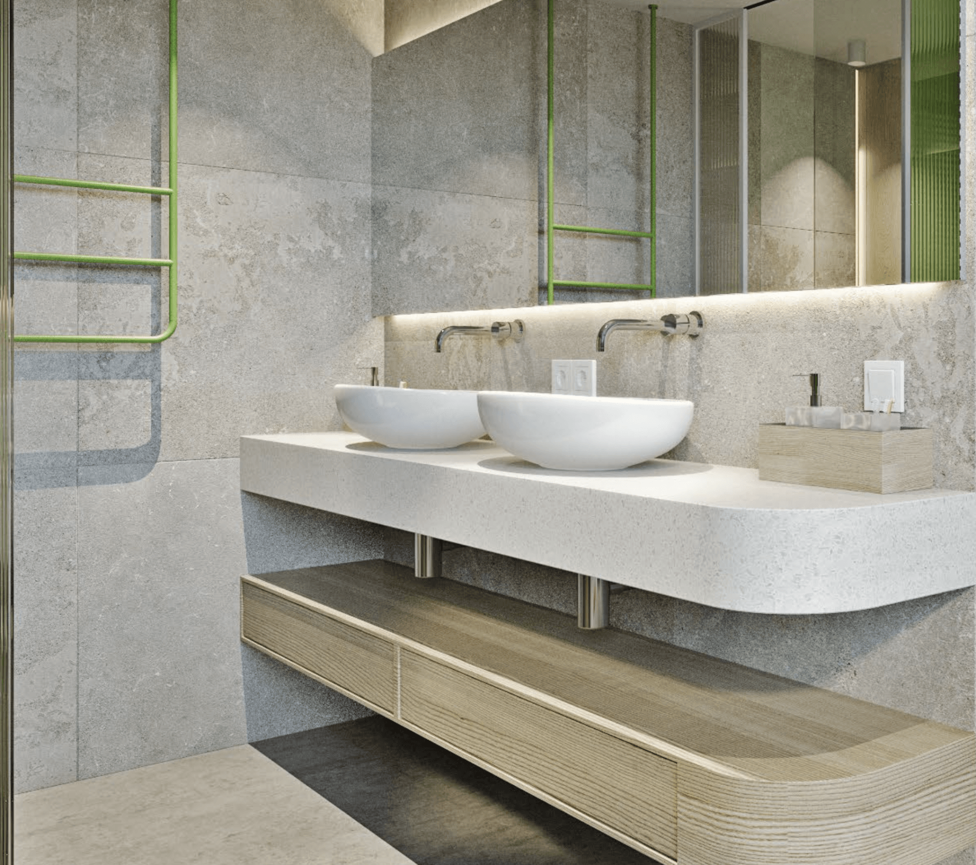 Modern bathroom with concrete-look walls, floating wood vanity, two white bowl sinks, and green metal accents.