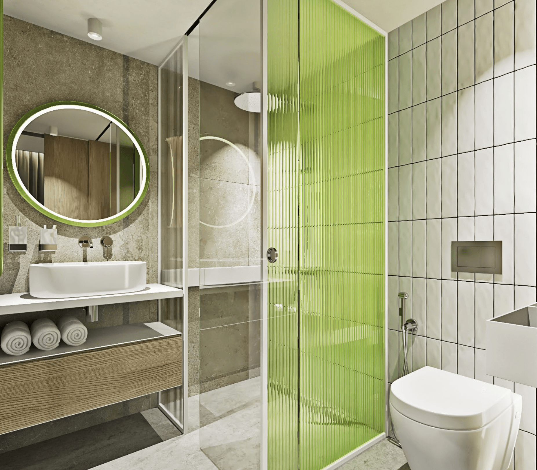 Modern bathroom with green glass shower door, round mirror, white sink, and toilet.