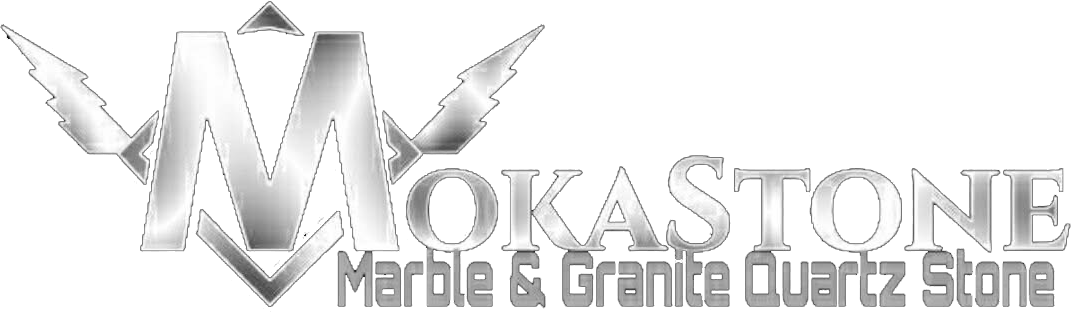Stylized gray logo reading “Mokastone Marble & Granite Quartz Stone” with a geometric emblem