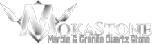 Stylized gray logo reading “Mokastone Marble & Granite Quartz Stone” with a geometric emblem