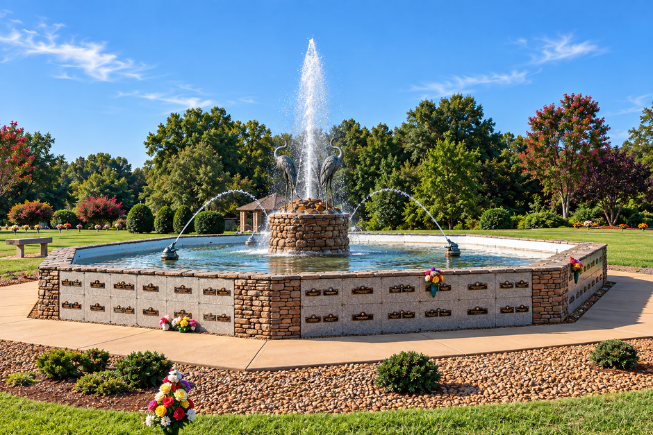 Public fountain spraying water in a stone plaza with trees and blue sky